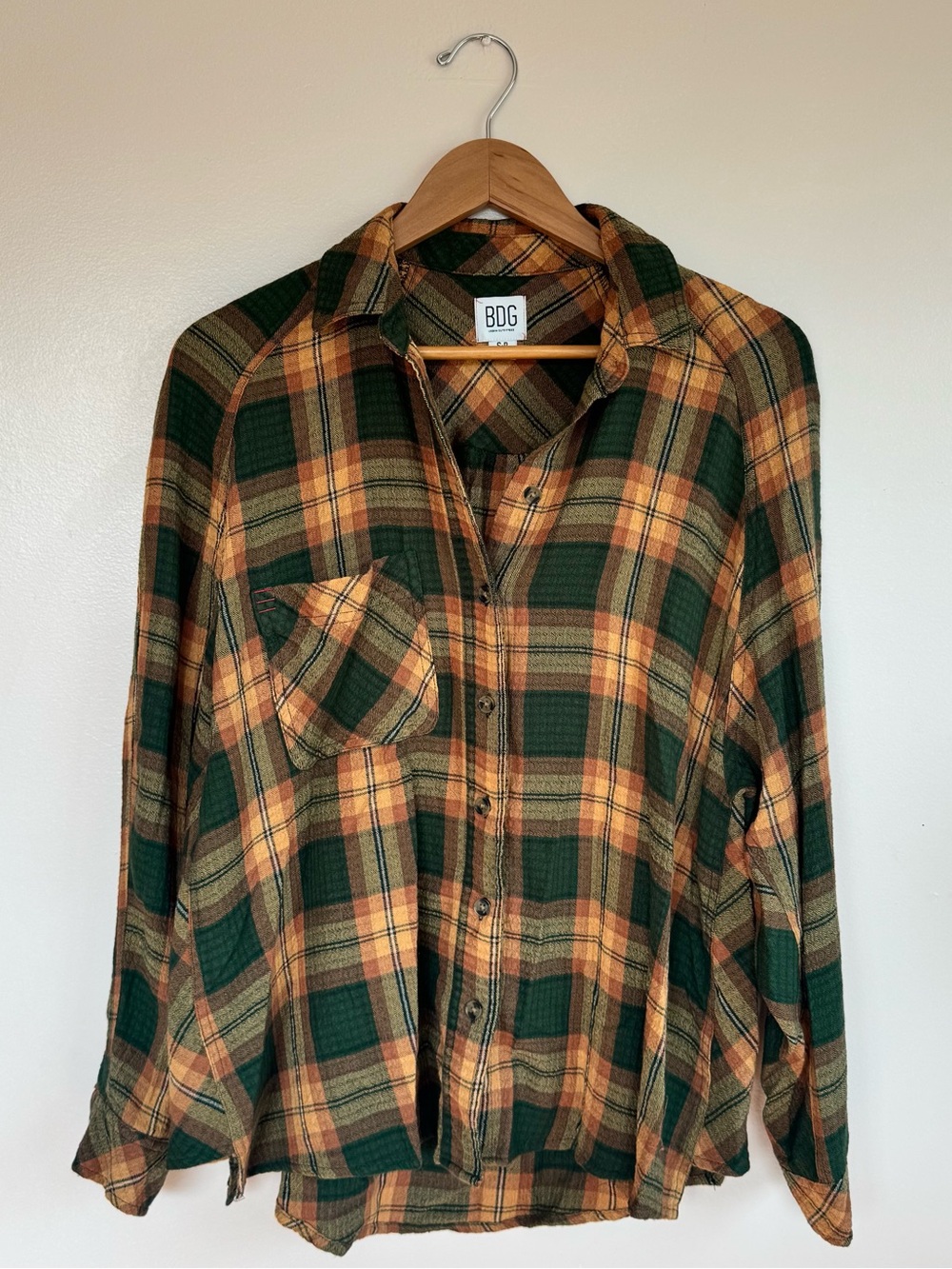 BDG Oversized Keanu Green & Yellow Plaid Flannel Button Down Shirt - Small